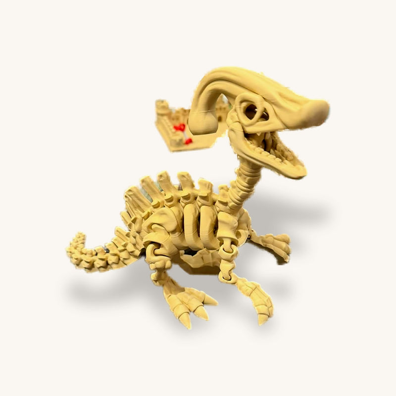 3D-printed dinosaur skeleton in bone colour with a long tube-shaped head crest