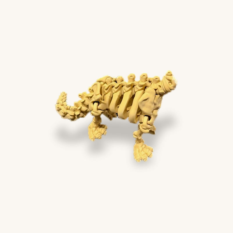 3D-printed long-necked dinosaur skeleton in bone colour standing on four feet