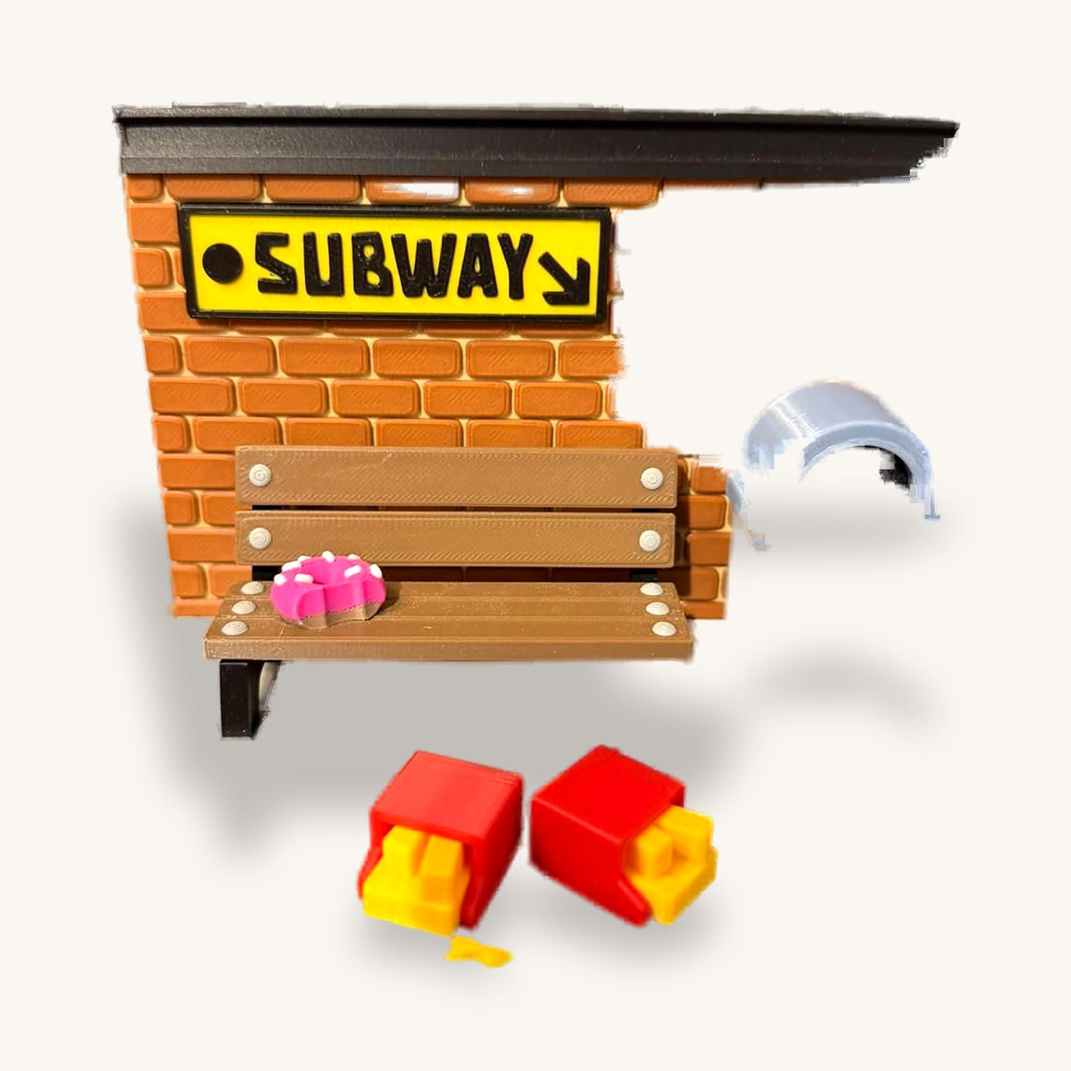 3D-printed miniature subway stop diorama, one of the pair